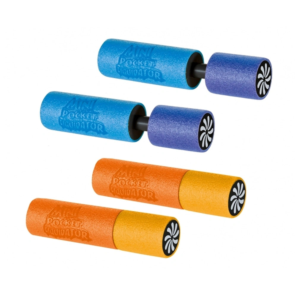Foam Shooter Mini Pocket Liquidator features blue, orange, and yellow matte cylinders with black ends arranged centrally.