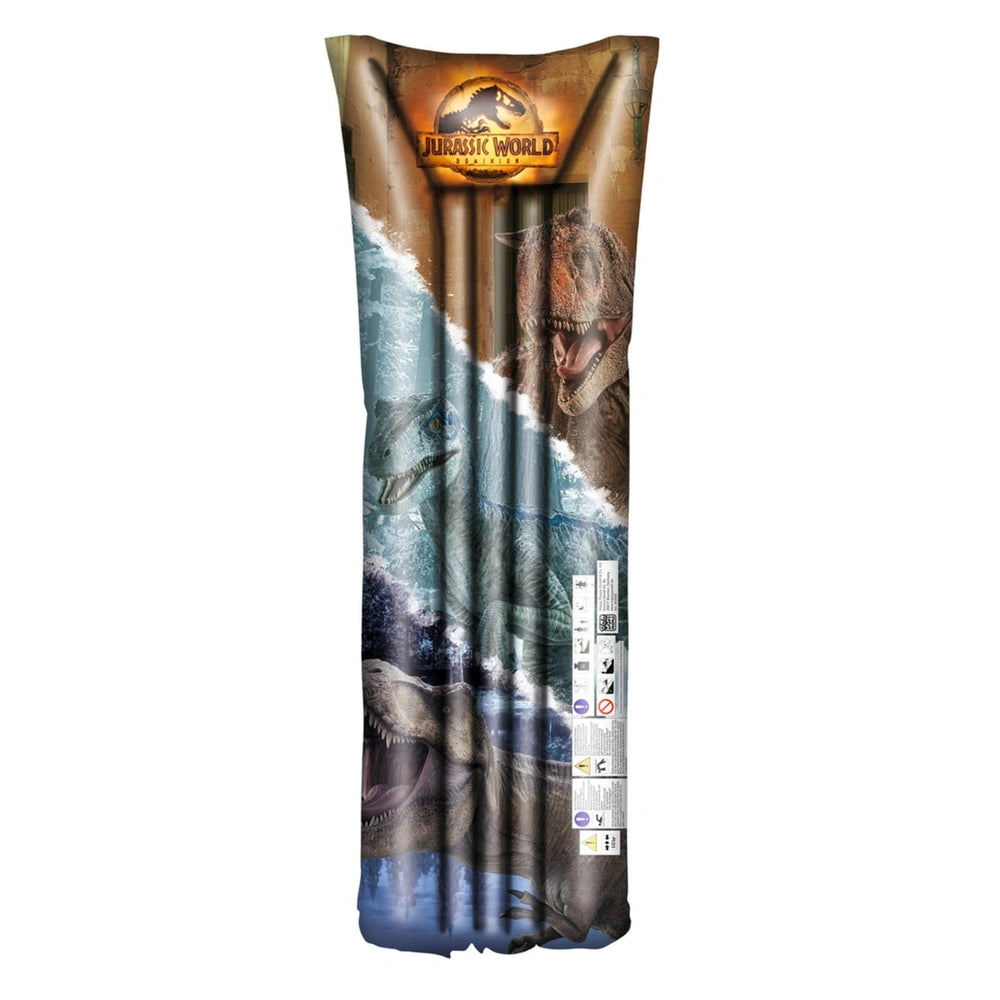 Jurassic World air mattress packaging features a glossy design with a dinosaur image, blue-green gradient, and visible logo.