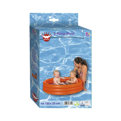 Happy People 3-Ring-Pool for kids, featuring an orange pool with two children and a woman in swimsuits, smiling on glossy blu