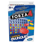 Forza 4 Travel board game in Italian edition, featuring a blue box with red and yellow circles, plastic pieces, and clear win