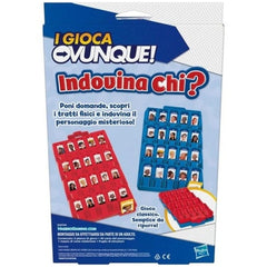 HASBRO Indovina Chi Travel board game packaging in blue and white cardboard with red graphics and Italian text.
