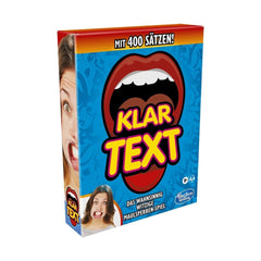 Hasbro Klartex Board Game German Edition packaging features a woman's open mouth, vibrant orange and blue design, and bold ye