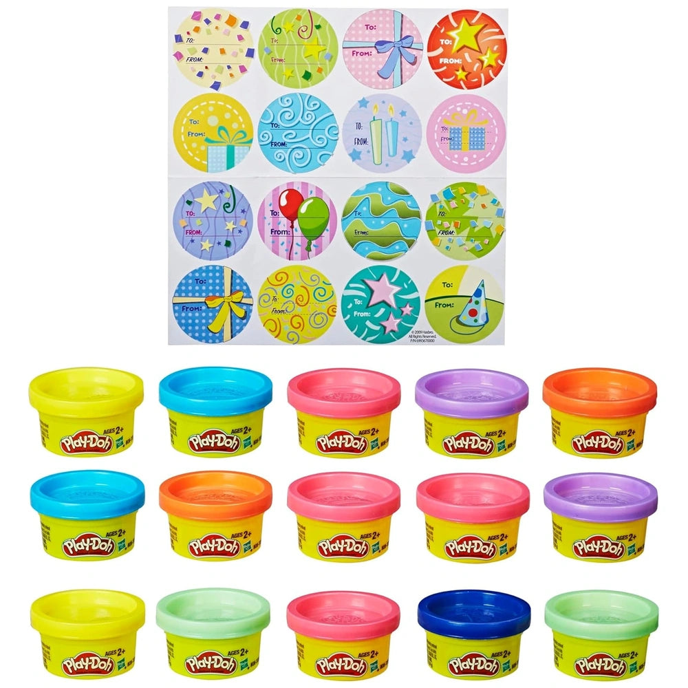 Play-Doh 15 Cans Party Bag features 12 plastic containers with clear lids, arranged in a grid, each labeled "Play-Doh" and "2