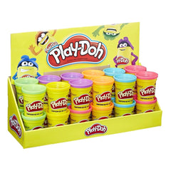 Play-Doh modeling dough packaging features 12 colorful plastic containers with red and white logos on a cardboard backdrop.