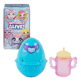 Hatchimals Alive toy egg in blue with purple heart next to a closed pink sippy cup with yellow lid on a white background.