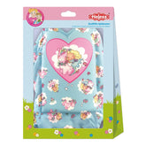 Heless doll carrier packaging features a unicorn and child graphic on light blue background with green border and yellow flow