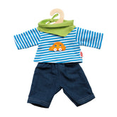 Heless doll outfit features a light blue striped shirt with green collar and pocket, paired with dark blue shorts and visible