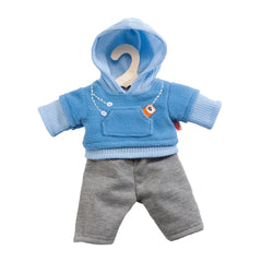 Heless jogging tracksuit for dolls features a blue hoodie and gray shorts with a white plastic hang tag.