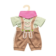 Heless knickerbockers set includes a green and white shirt, brown shorts, pink polka dot collar, and matching suspenders and