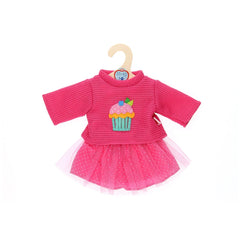 Heless pink sweater and cupcake skirt for dolls, featuring polka dots, attached hanger, and internal tag with price and brand