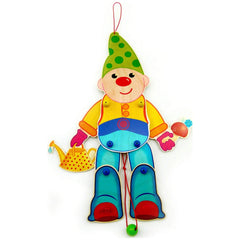 Hess Jumping Jack Dwarf toy features a glossy clown with a green hat, red nose, and colorful attire, holding balloons and a t