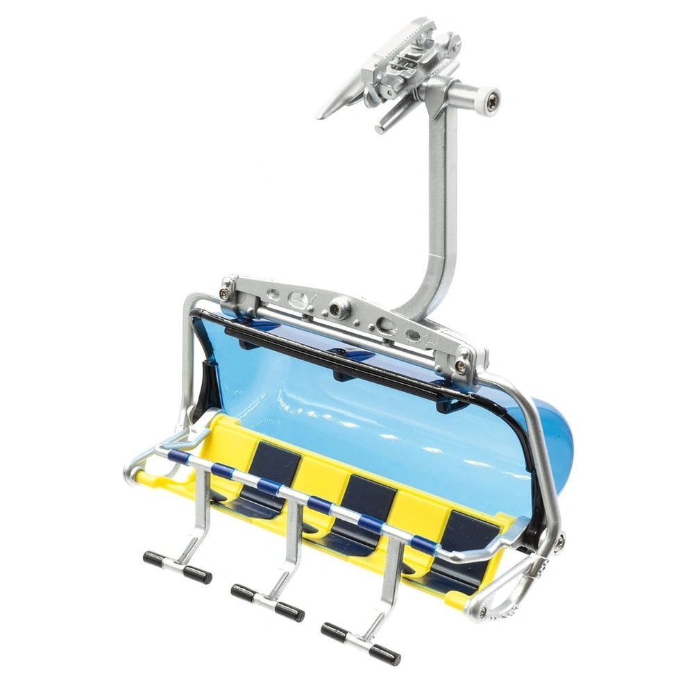 Jagerndorfer blue-yellow scooter seats 6 persons with a silver handle, footrests, and striped backrest for model making.