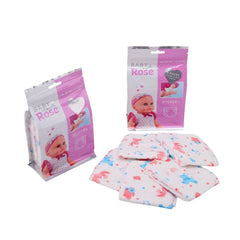 Baby Rose Diapers pack featuring 5 pink and white diapers in retail packaging made of plastic and paper.