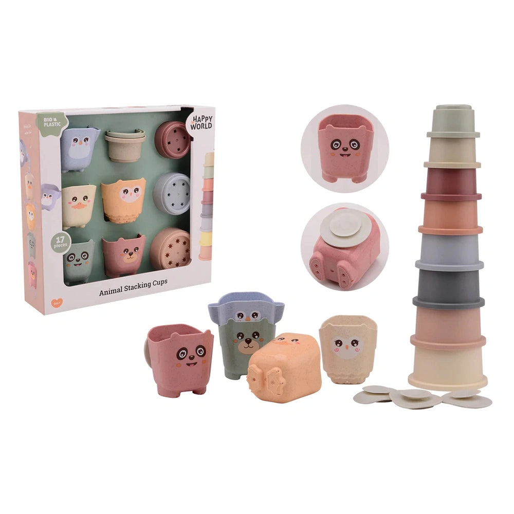Johntoy bio plastic stackable bucket and bath cups in various colors and textures, featuring animal designs and patterns.