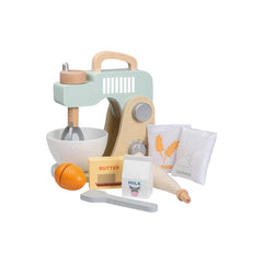 Johntoy 10-piece pretend mixer set with wooden handle, plastic bowls, utensils, and various food containers for role play.