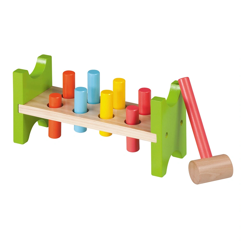 Johntoy Pound A Peg Set features a green plastic frame with colorful wooden pegs in red, blue, yellow, orange, pink, and gree
