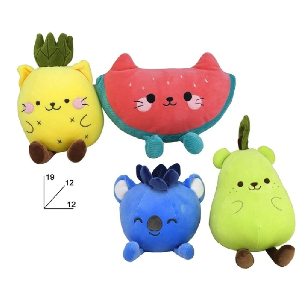 Kawaii animated fruit plush collection features four colorful, unique stuffed animals with distinct facial designs and soft f