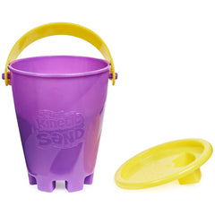 Kinetic Sand Mini Bucket in purple with yellow handle and lid, featuring playful text on the side, set against a white backgr