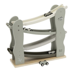 Label-Label Car Slider Baby Activity Toys featuring two gray and white toy cars on a wooden base with plastic tracks.