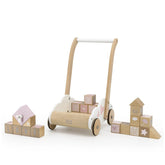 Wooden educational baby walker cart with white wheels, featuring pink and white blocks and a pink-roofed house.