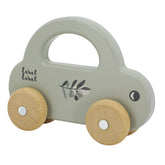 Little Car push and pull toy with gray plastic body, wooden wheels, and a tree design on the side.