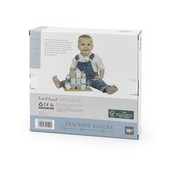Label-Label stacking blocks house packaging features a smiling child in blue overalls holding a wooden structure against a wh