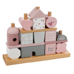 Label-Label Stacking Blocks House features a wooden base with colorful heart-shaped plastic components for sorting and stacki