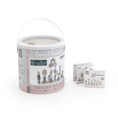 Label-Label Wooden Blocks in a decorative white bucket with a handle, featuring various designs on the surface.