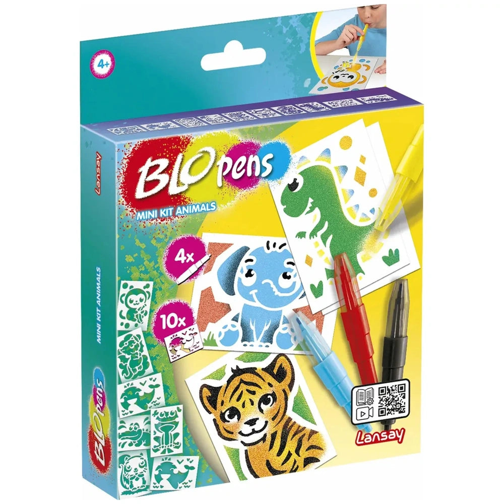 LANSAY Blopens Mini Animal Kit packaging features a glossy blue background with vibrant white and red text, showcasing arts a