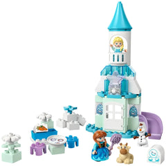 LEGO Frozen castle playset features a blue and white castle, a princess in a blue dress, a toy car, and various accessories.