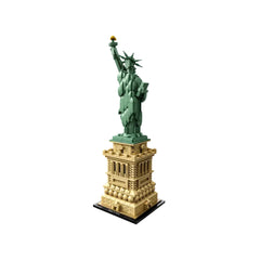 Lego Architecture Statue of Liberty model showcases a stylized design with a green color scheme and detailed components.