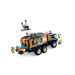 LEGO Arctic Explorer Science Lab Truck features a vibrant orange and blue vehicle with a train-like front and truck-like rear