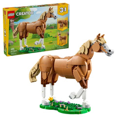 LEGO Creator Beautiful Horse (31166) set showcasing a posable brown horse figure on a grass base with colorful flowers, alongside the product box.