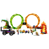 LEGO City Double Loop Stunt Arena featuring two vibrant loops, a monster truck, stunt bikes, and seven minifigures preparing for action.