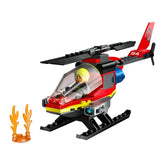 LEGO City Fire Rescue Helicopter, featuring a red and black design, with a pilot minifigure inside, alongside orange water elements.