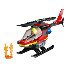 LEGO City Fire Rescue Helicopter, featuring a red and black design, with a pilot minifigure inside, alongside orange water elements.