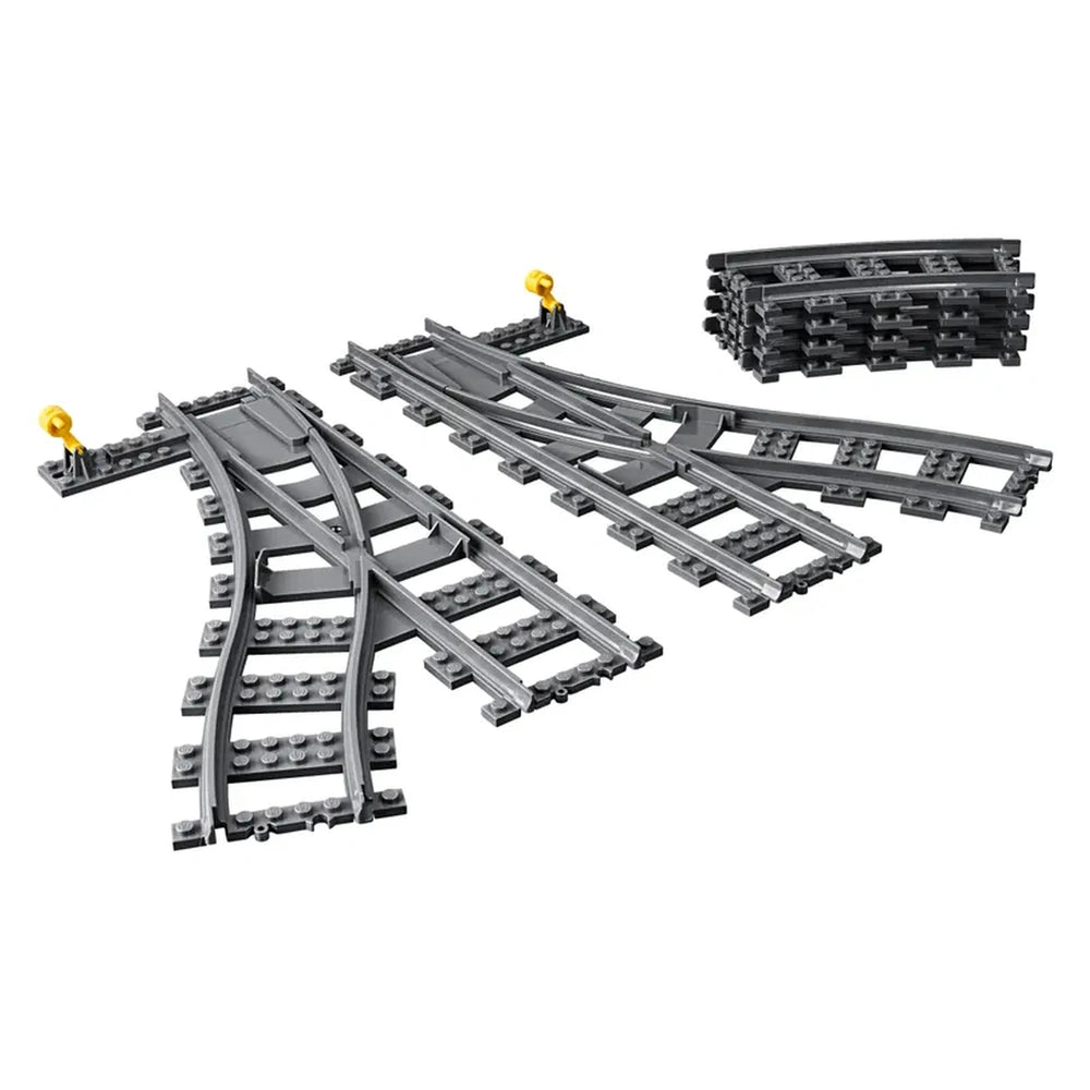 LEGO® City Switch Tracks set featuring four curved tracks and one left and right switch track in gray, designed for expanding train layouts.