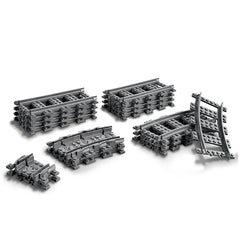 LEGO City Tracks Construction Set featuring various pieces: 8 straight, 4 curved, and 8 flexible tracks in gray, designed for creative train layouts.