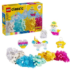 LEGO® Classic Magical Transparent Box set featuring colorful bricks and whimsical models like hearts, unicorns, and mermaids.