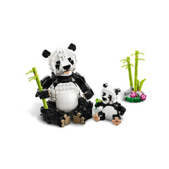 Adorable LEGO Creator Panda Family set featuring a large, posable adult panda and a smaller baby panda, both surrounded by bamboo shoots and flowers.