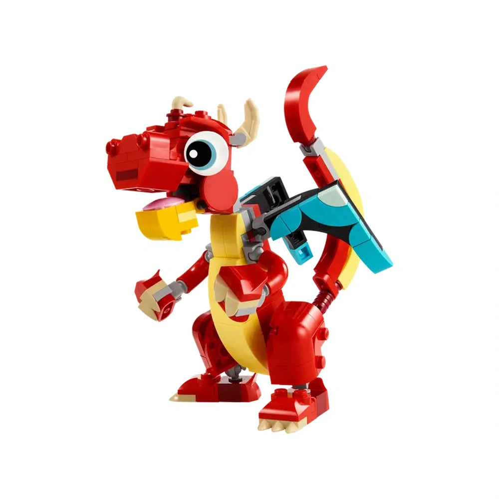 Bright red LEGO Creator dragon with big eyes, yellow belly, and articulated wings, ready for imaginative adventures.