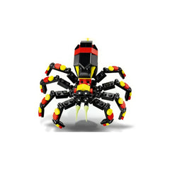 Posable LEGO spider figure with a black, red, and yellow design, featuring eight articulated legs and striking protruding fangs.