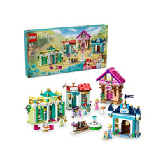 Colorful LEGO Disney Princess Market Adventure construction set featuring four detailed toy buildings, characters, and accessories, with the set box in the background.