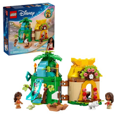 LEGO® Disney Moana’s Island Fun construction set featuring a green island and yellow house, with Moana, Simea, and Pua figures.