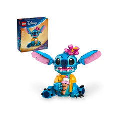 LEGO® Disney Stitch construction set featuring a blue Stitch character with movable ears, wearing a Hawaiian shirt, holding an ice-cream cone, and adorned with a flower accessory. The product box is visible in the background.
