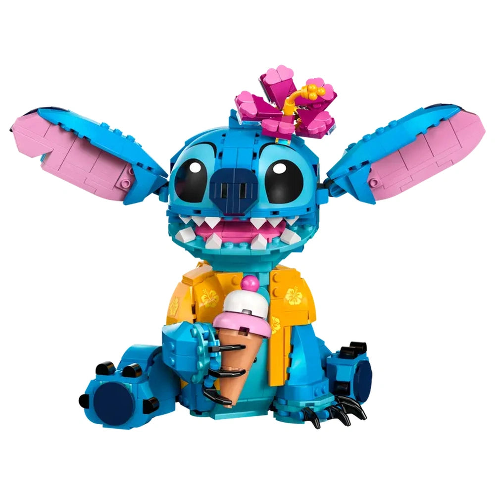 LEGO® Disney Stitch construction set featuring a blue character with a pink flower on his head, wearing a Hawaiian shirt, holding an ice cream cone.