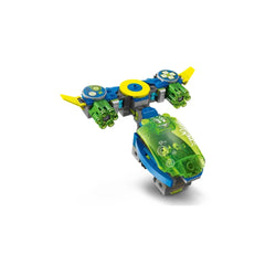 Bright blue and green LEGO® DREAMZzz™ Mateo and the Z-Blob Action Race Car featuring a sleek design, rolling wheels, and two six-stud shooters, ideal for imaginative play and adventure.