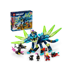 LEGO® DREAMZzz™ Zoey and Zian the Cat-Owl construction set, featuring a vibrant blue and green Cat-Owl figure, with wings and dynamic accessories, alongside mini-figures and other characters on a white background.