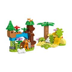 Colorful LEGO® DUPLO® construction set featuring a playful tigress, her cub, and various animal figures among vibrant trees, flowers, and rocky landscapes.
