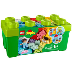 Colorful LEGO® DUPLO® Classic Brick Box featuring 65 pieces, including flowers, wheels, and two DUPLO figures for imaginative play.
